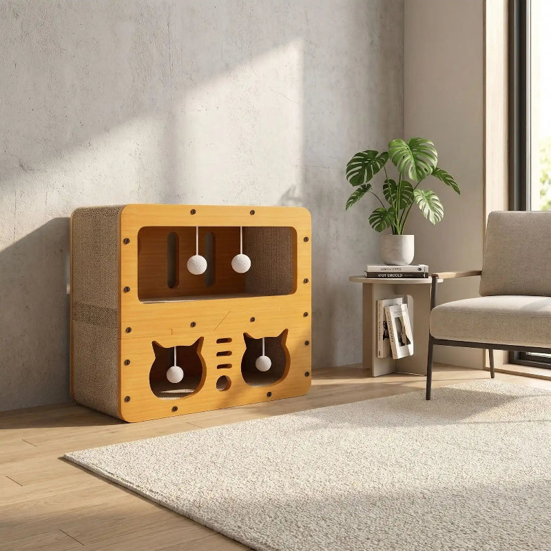 Maison griffoir chat design unique avec tête de chat