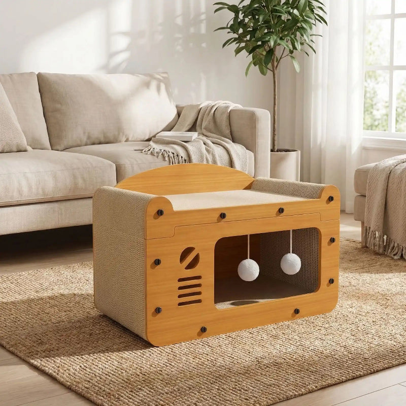 Maison griffoir chat bois avec balles suspendues salon