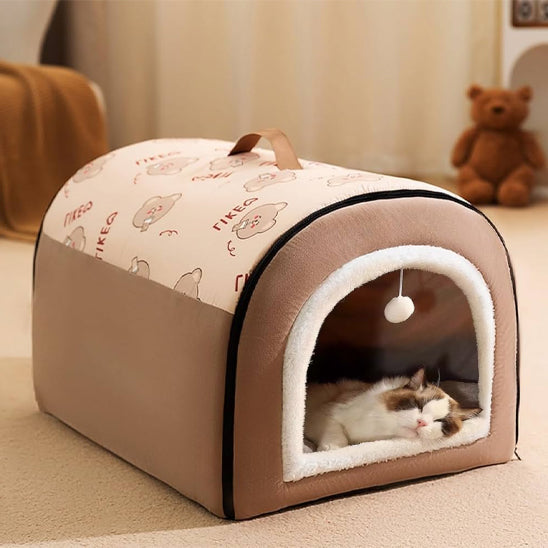maison pour chat intérieur marron avec coussin moelleux et jouet suspendu