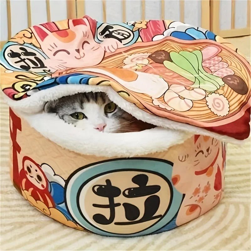 Maison pour chat intérieur nouilles japonaise avec couvercle et chat gris