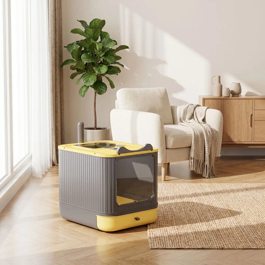 Maison de toilette chat jaune simple dans un salon