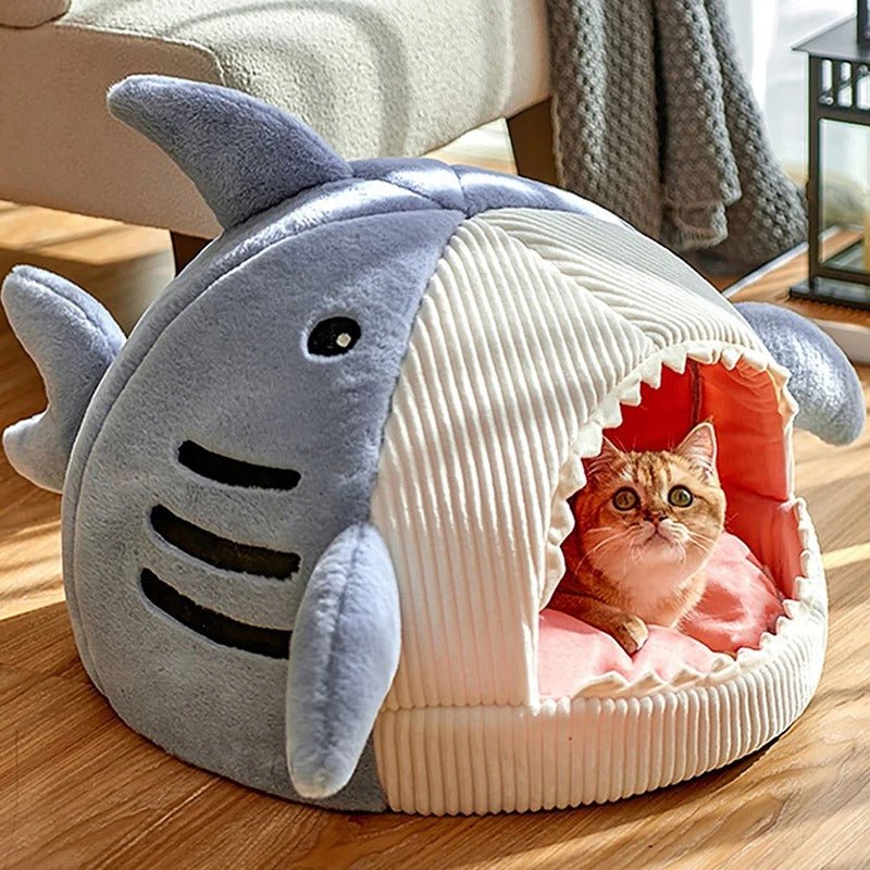 niche pour chat intérieur en forme de requin de couleur bleu avec chat