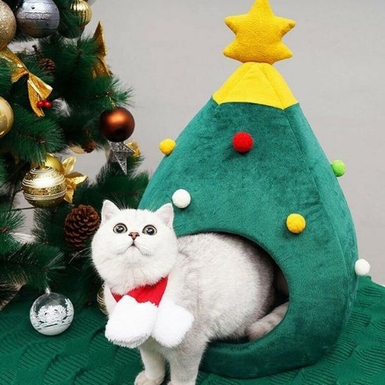 Niche pour chat spéciale Noël avec petite poule décorative