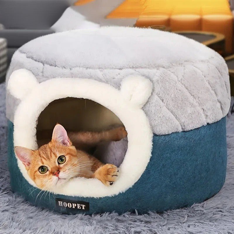 niche pour chats bleu et grise avec chat