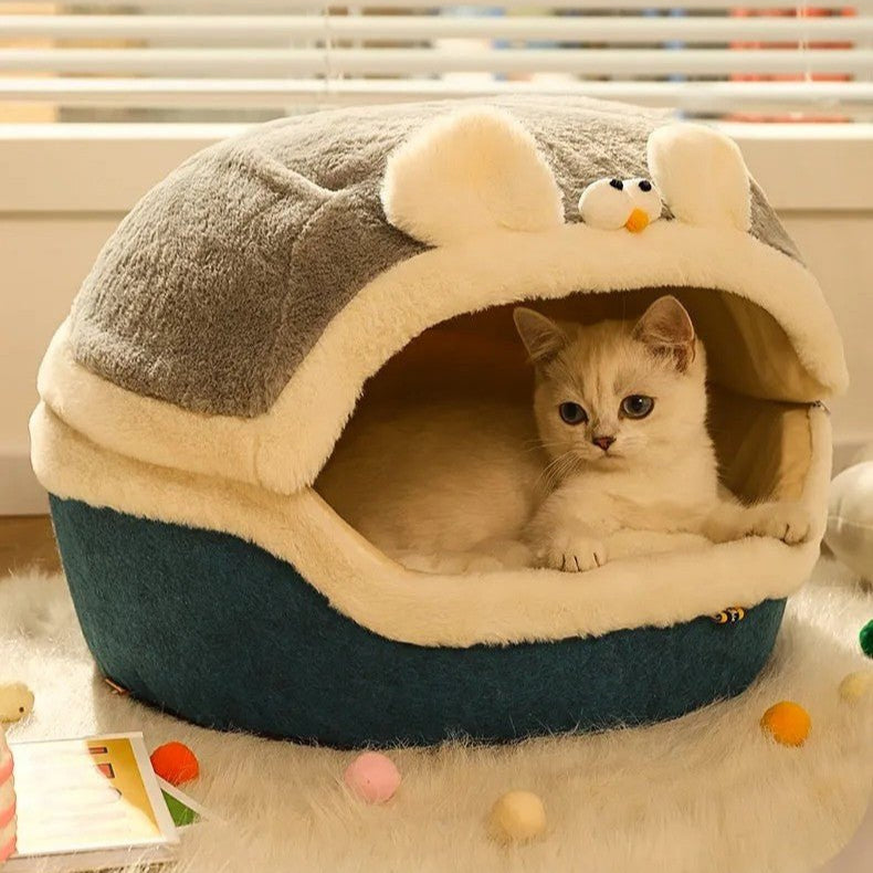 Niche pour chats semi fermée de couleur grise et bleue