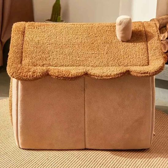 niche pour chats pliable en peluche brune vue de côté