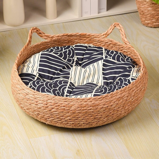 Panier pour chat en osier avec coussin bleu confortable