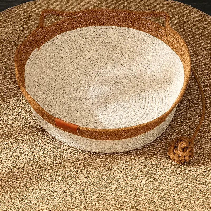 Panier chat rotin brun avec oreilles décoratives confortable design