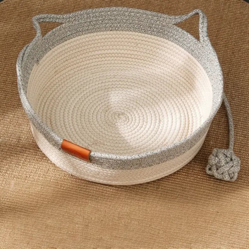 Panier chat rotin crème gris avec oreilles design confortable