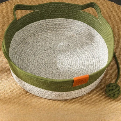 Panier chat rotin gris vert avec oreilles design confortable
