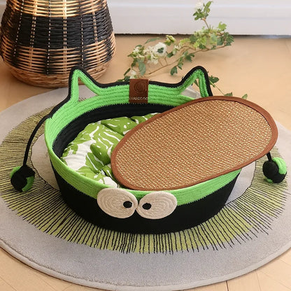 Panier pour chat noir et vert avec coussin et tapis