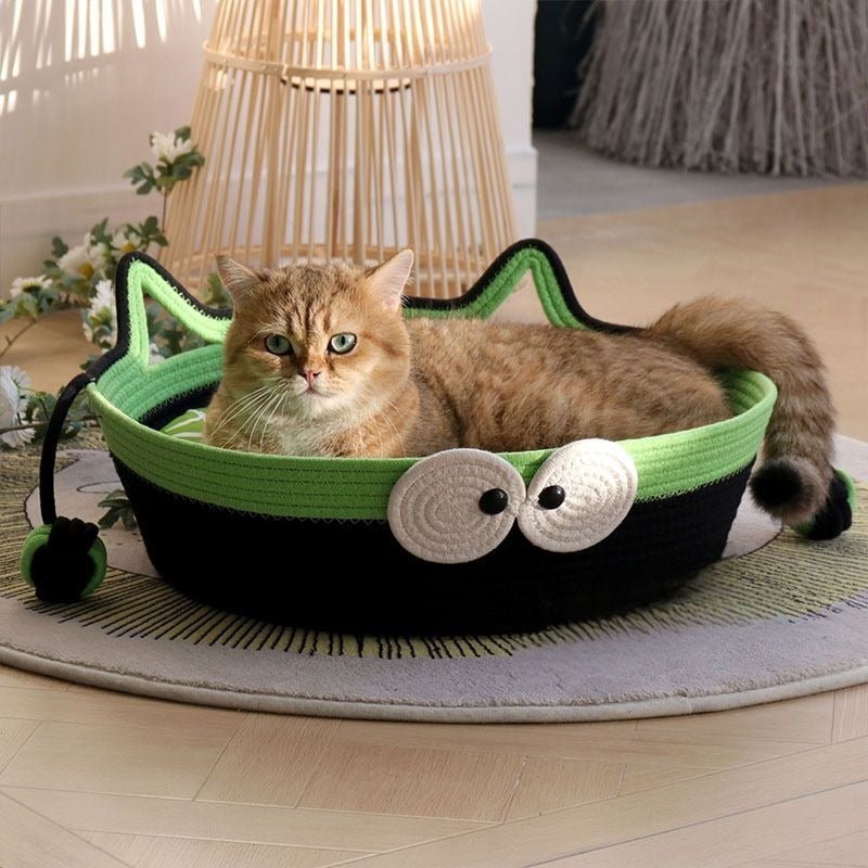 Panier pour chat noir et vert avec yeux décoratifs chat