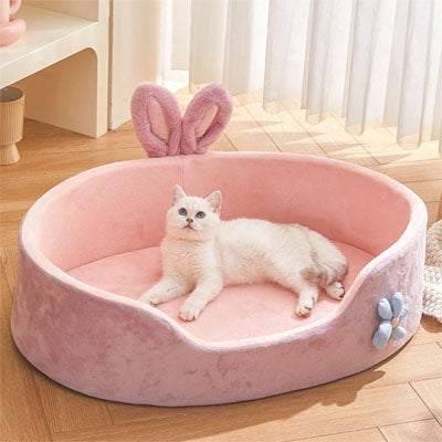 panier pour chat rose avec chaton blanc