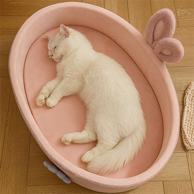 panier pour chat rose avec chat qui fait la sieste
