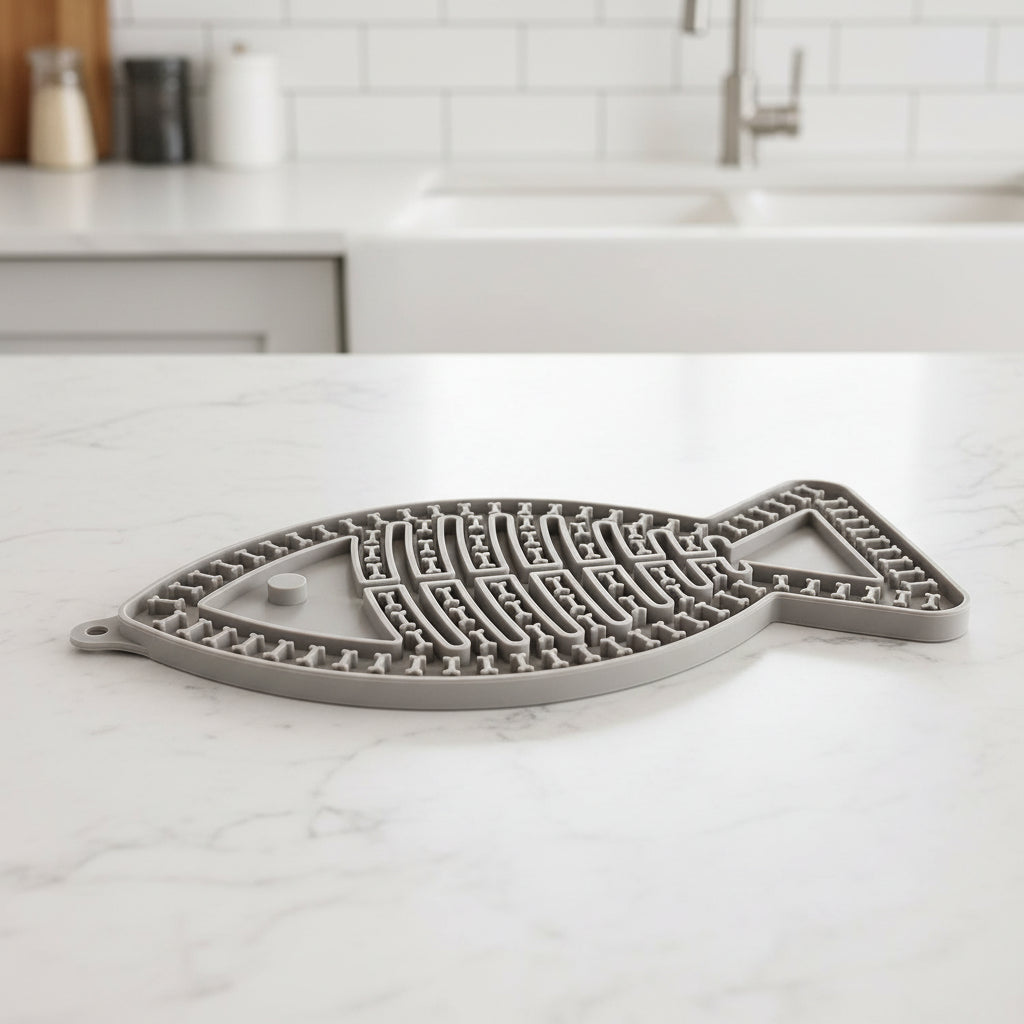 Tapis de léchage chat en forme de poisson gris