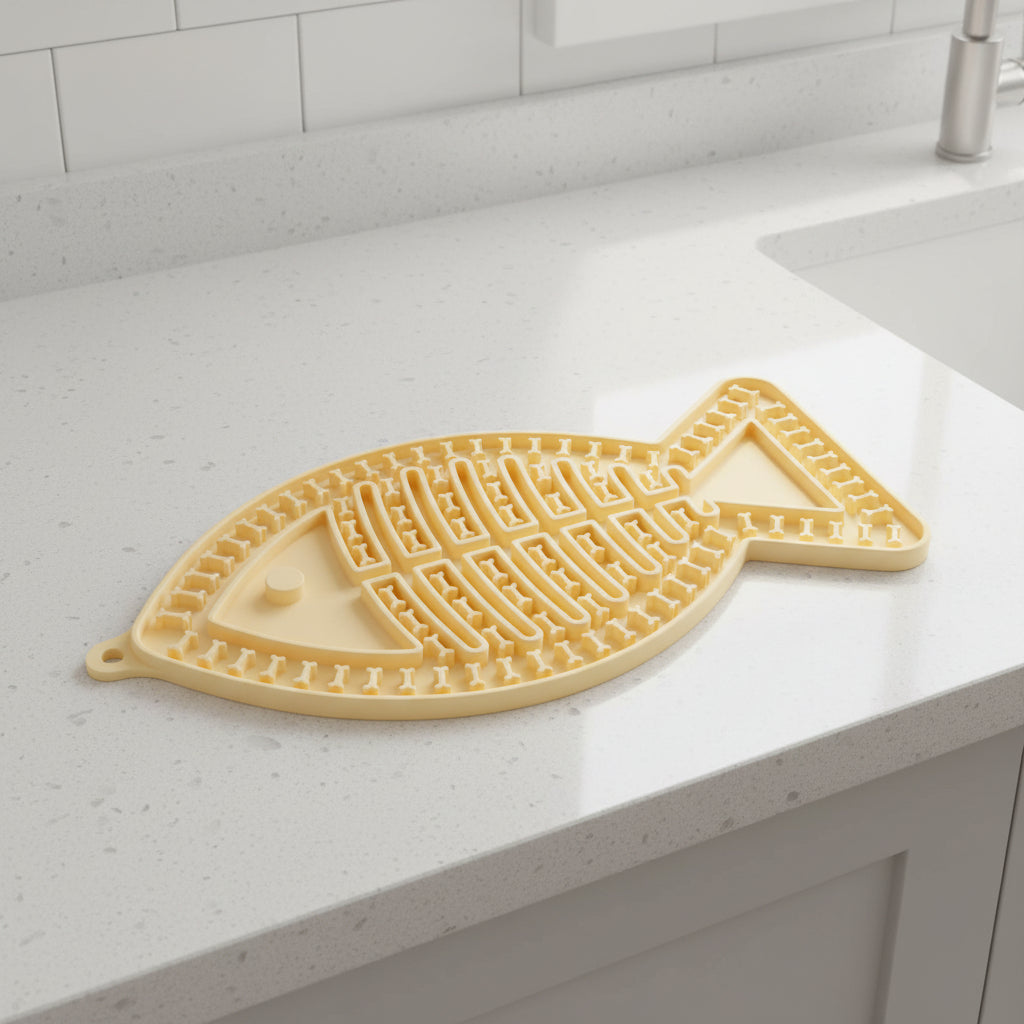 Tapis de léchage chat en forme de poisson jaune