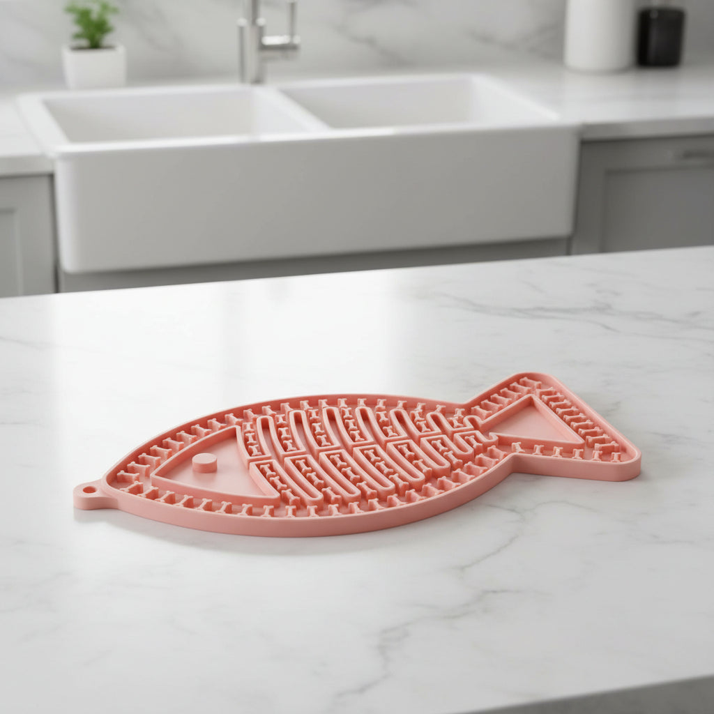 Tapis de léchage chat en forme de poisson rose