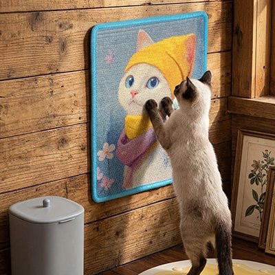 Tapis griffoir chat avec chat beige regardant caméra