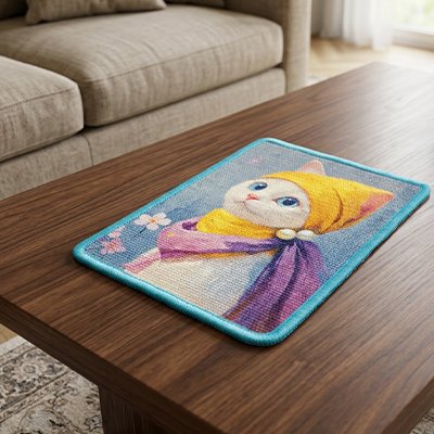 Tapis griffoir chat coloré sur table salon moderne