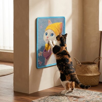 Tapis griffoir chat mural avec chat tigré debout