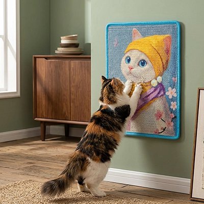 Tapis griffoir chat mural avec grand chat qui griffe