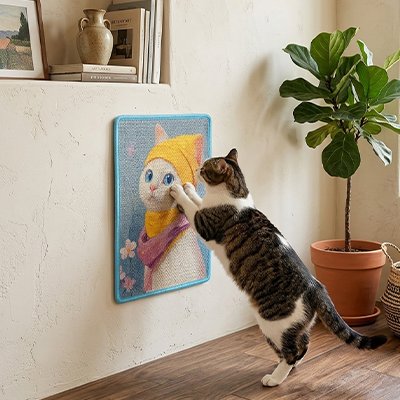 Tapis griffoir chat vertical près plante intérieure moderne