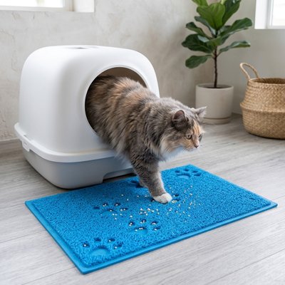 Tapis litière Chat bleu avec rayé
