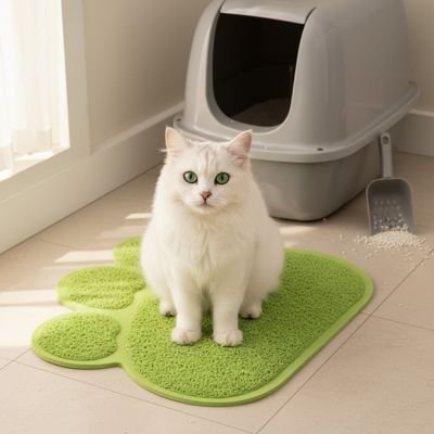 Tapis litière Chat vert avec chat blanc assis
