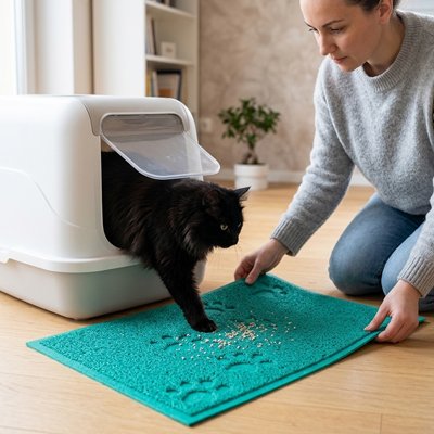 Tapis litière pour Chat bleu avec chat noir