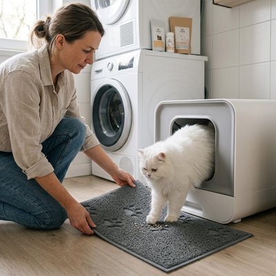 Tapis litière pour Chat gris avec chat blanc