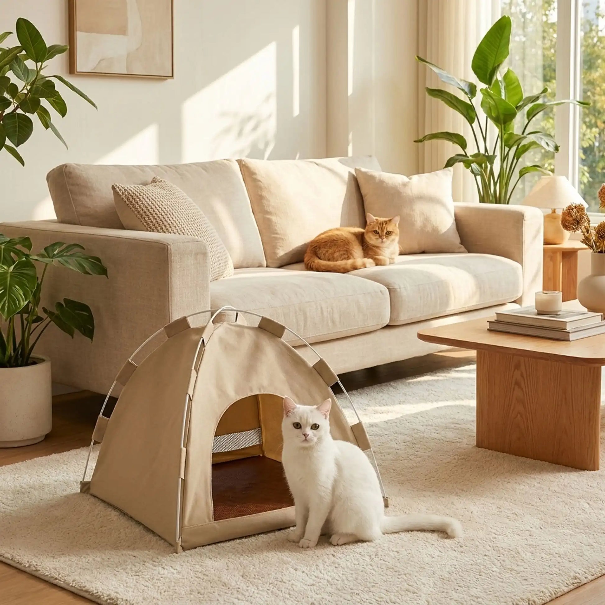 Tente chat beige dans un salon avec deux chats 