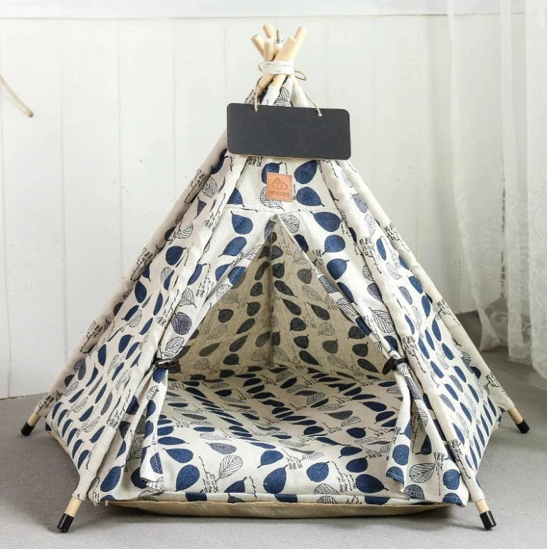 Tente pour chat blanc en tissu avec motifs de feuilles bleue