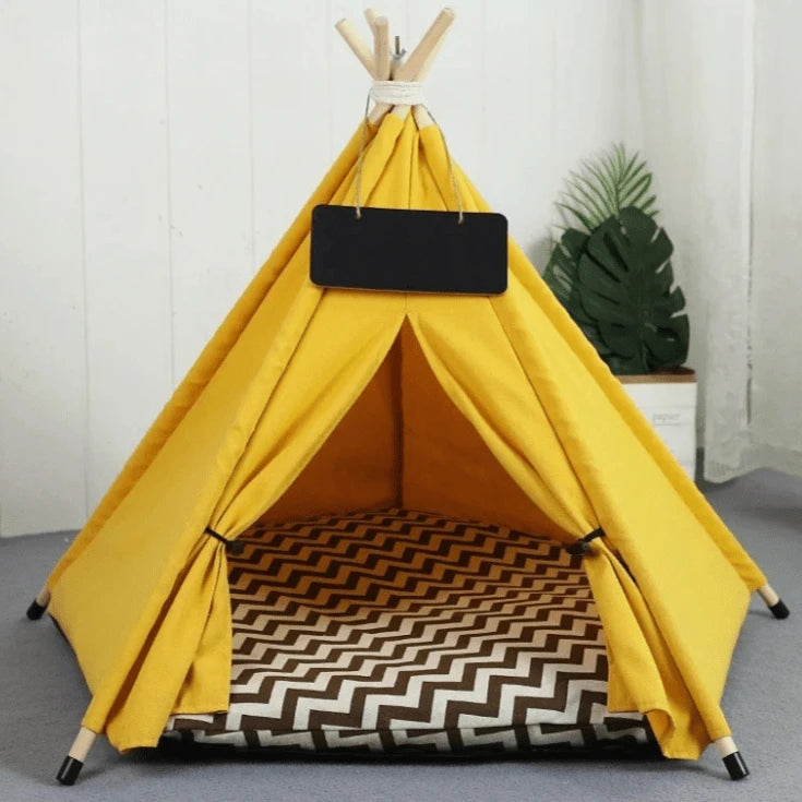 Tente pour chat jaune tipi avec coussin motif zigzag marron