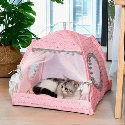 Tente pour chat rose avec coussin confortable et chat gris