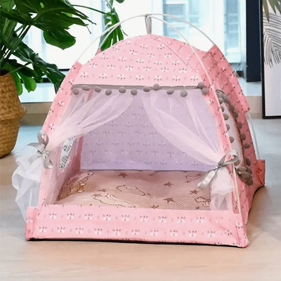 Tente pour chat rose avec coussin moelleux et rideaux blanc