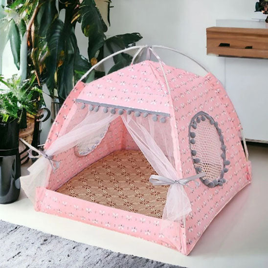 Tente pour chat rose avec coussin confortable et voilage décoratif