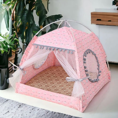 Tente pour chat rose avec coussin confortable et voilage décoratif