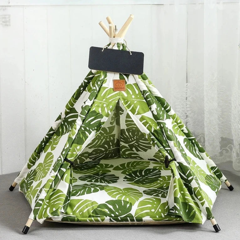 Tente pour chats verte avec motifs feuilles monstera tropicales