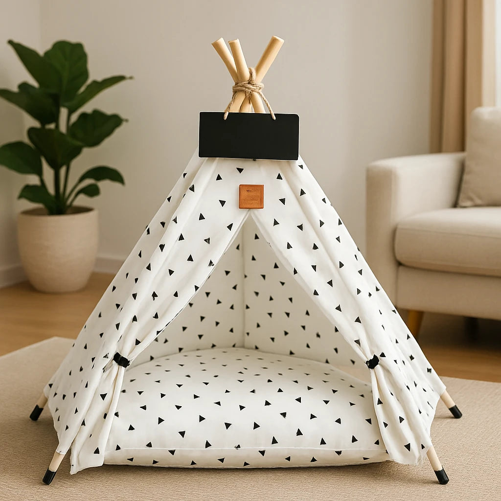 Tente pour chats blanche avec coussin et triangles noirs