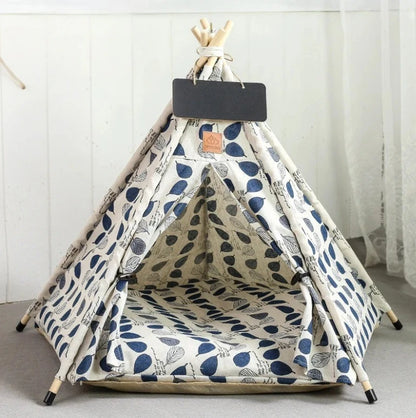 Tente pour chats blanc en tissu avec motifs de feuilles bleue