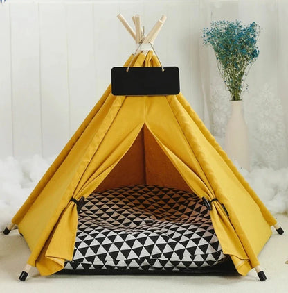 Tente pour chats jaune avec coussin imprimé triangle noir