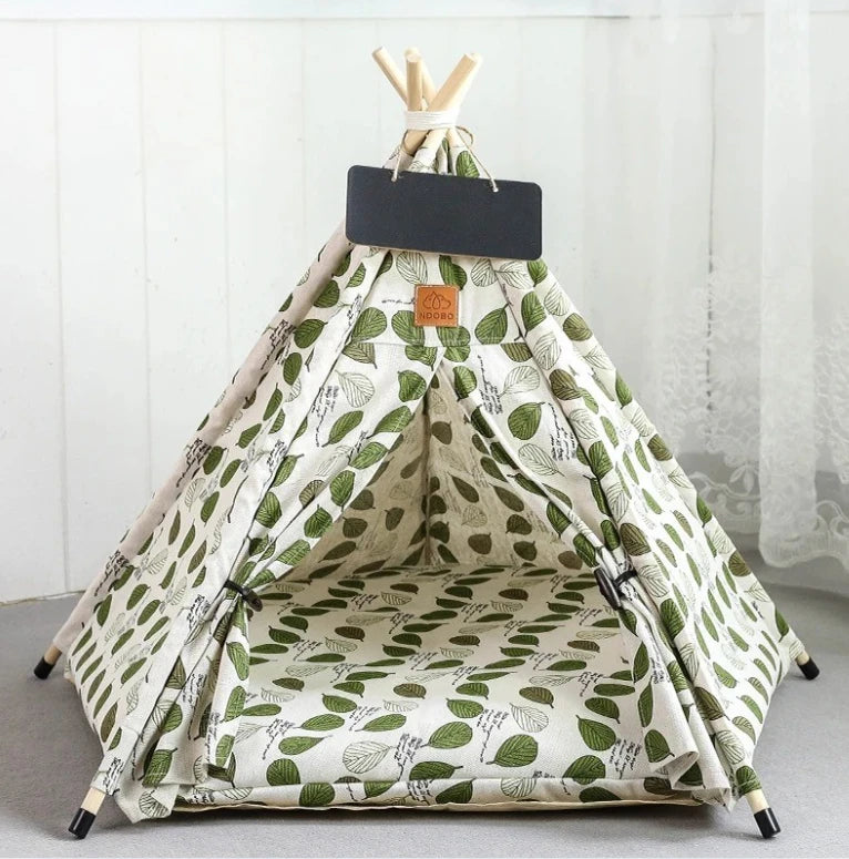 Tente pour chats verte confortable avec motifs de feuilles