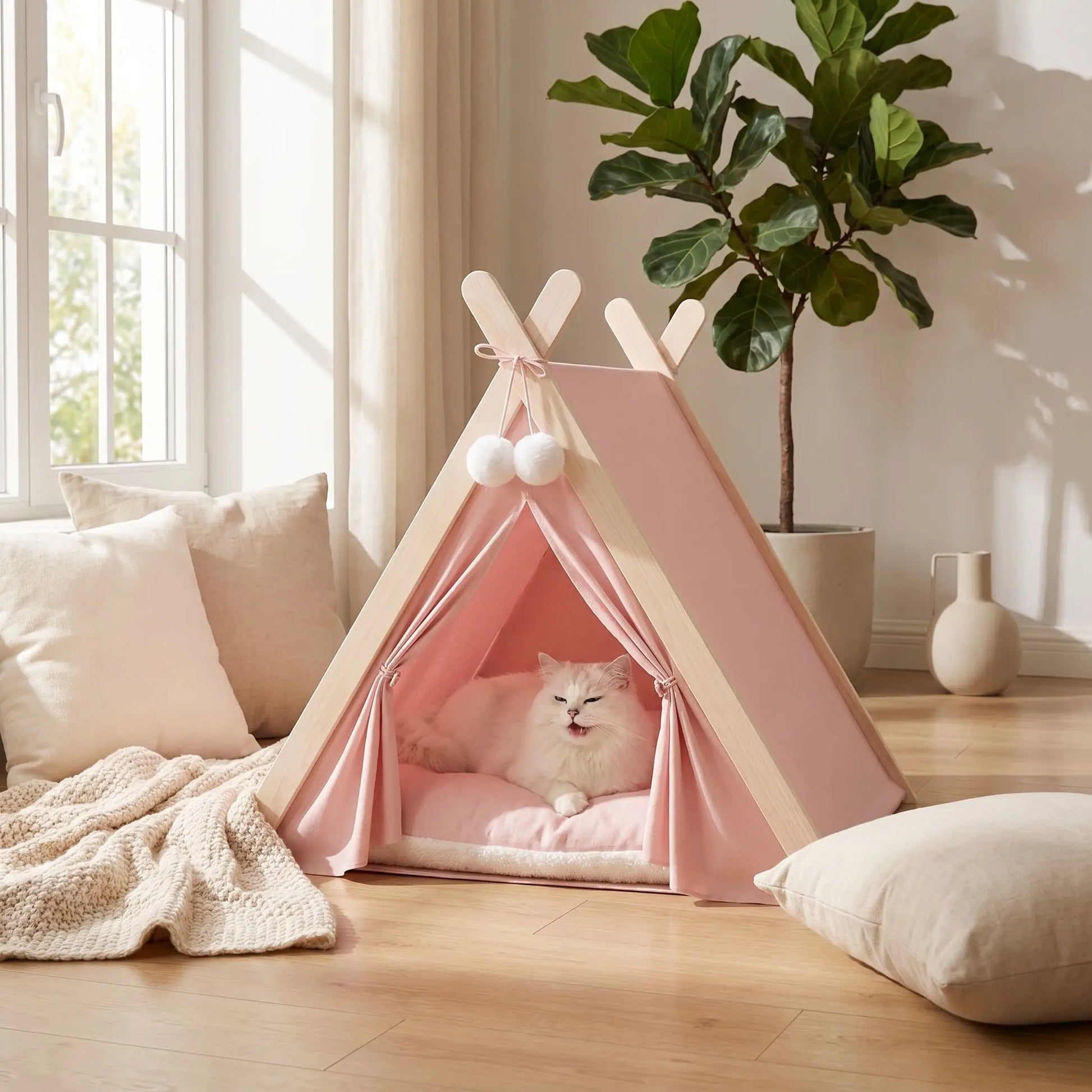Chat blanc dans un tipi pour chat rose
