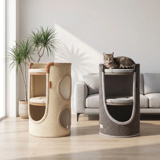 Tour pour chat design moderne beige et gris salon